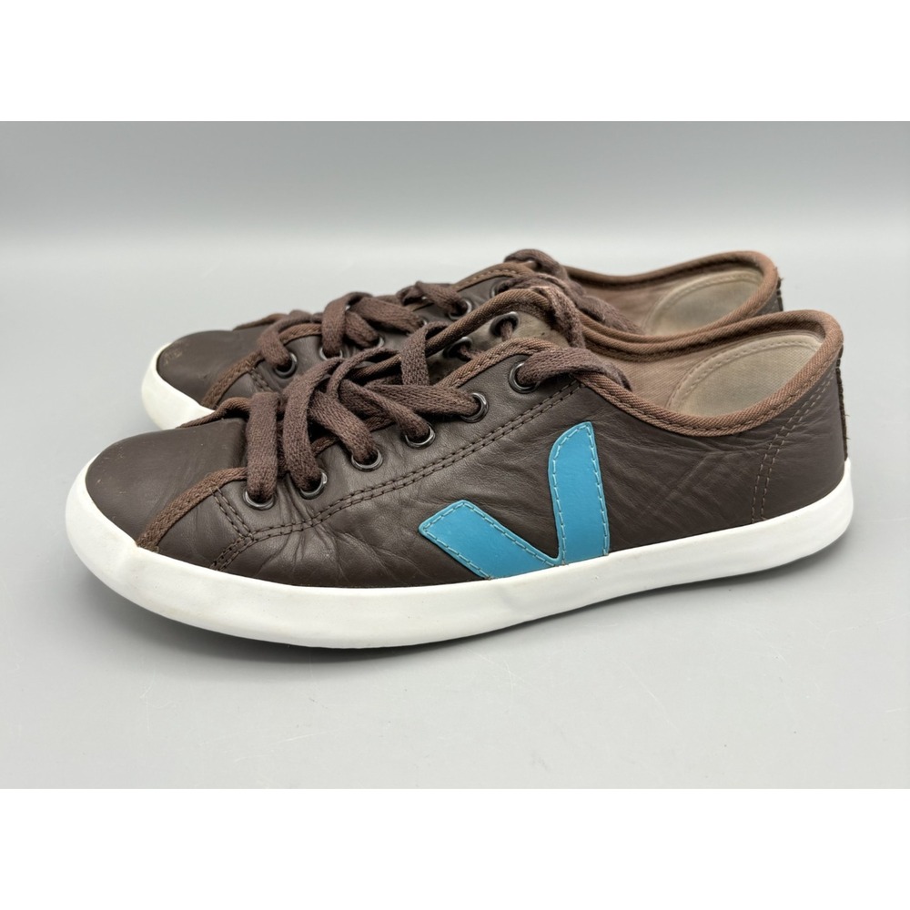 Veja Brown Leather Sneakers with Blue V Accent